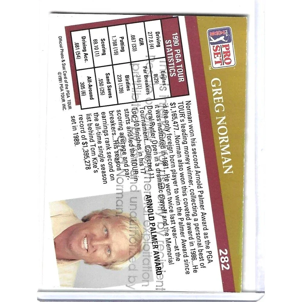 1991 Pro Set Golf Card #282 Palmer Award Greg Norman The Shark Signed